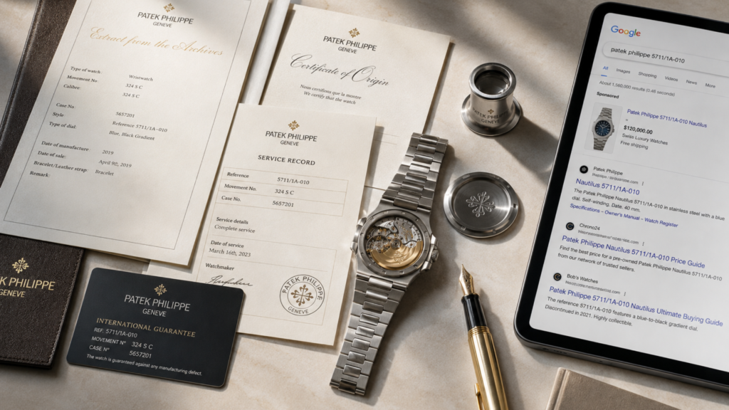 A luxury Patek Philippe watch flat lay surrounded by warranty cards, certificate of origin, service records, and a tablet displaying search results for pre-owned watch marketing.