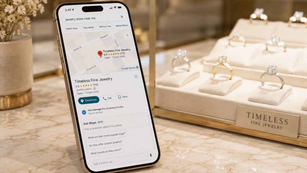 A smartphone resting next to a diamond display tray showing a Google Maps local search listing for a luxury jewelry store.